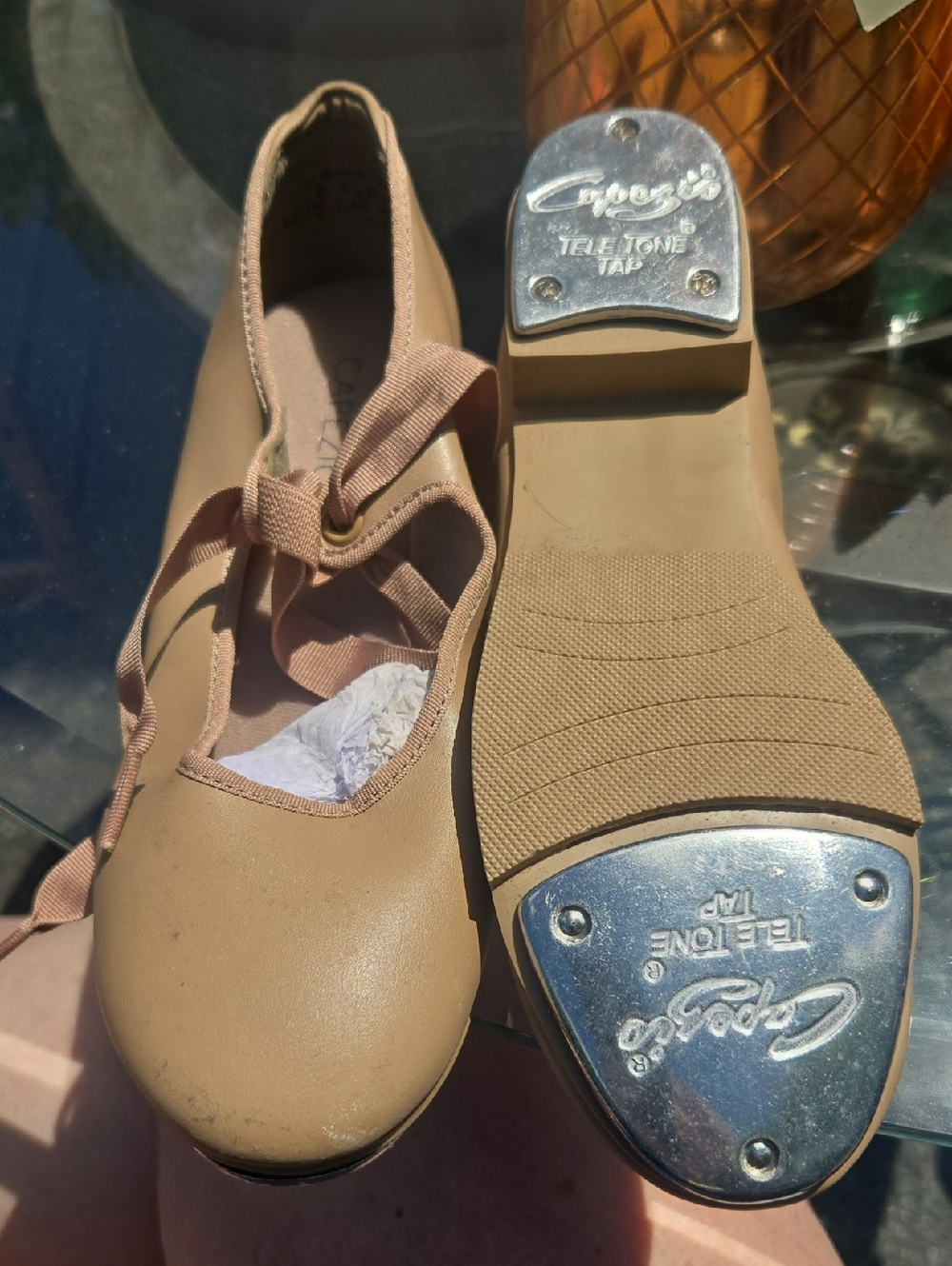 Capezio Tan Tap Heels with Ribbon Tie